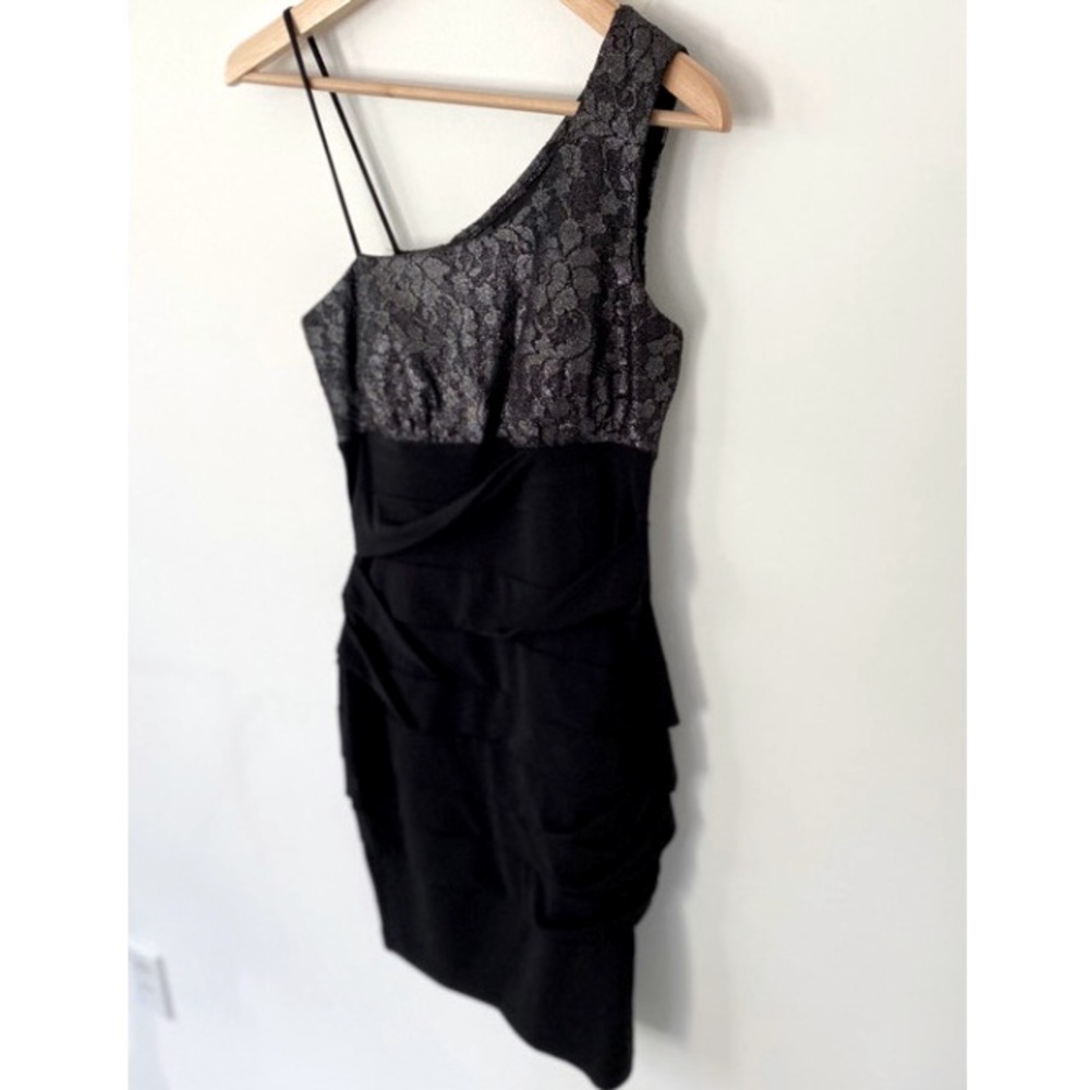 Black Asymmetrical Strap Dress with Lace Detail